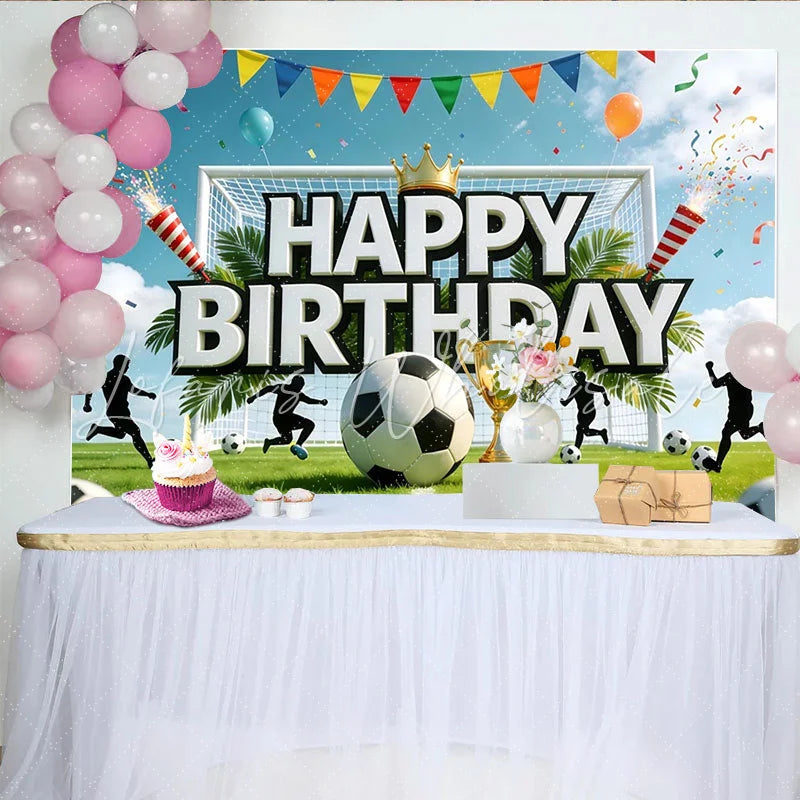 Lofaris Soccer Happy Birthday Backdrop with Golden Trophy and Goal Green Grass Field Background for Sports Theme Party Decoration