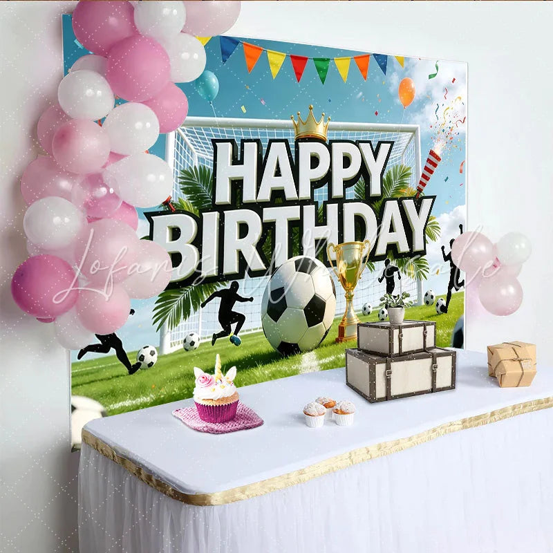Lofaris Soccer Happy Birthday Backdrop with Golden Trophy and Goal Green Grass Field Background for Sports Theme Party Decoration