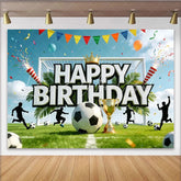 Lofaris Soccer Happy Birthday Backdrop with Golden Trophy and Goal Green Grass Field Background for Sports Theme Party Decoration