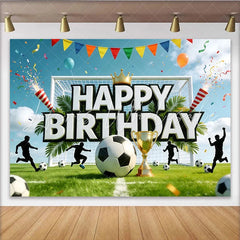 Lofaris Soccer Happy Birthday Backdrop with Golden Trophy and Goal Green Grass Field Background for Sports Theme Party Decoration