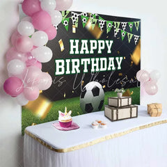 Lofaris Soccer Theme Happy Birthday Backdrop Green Grass Gold Confetti Boys Party Photography Background