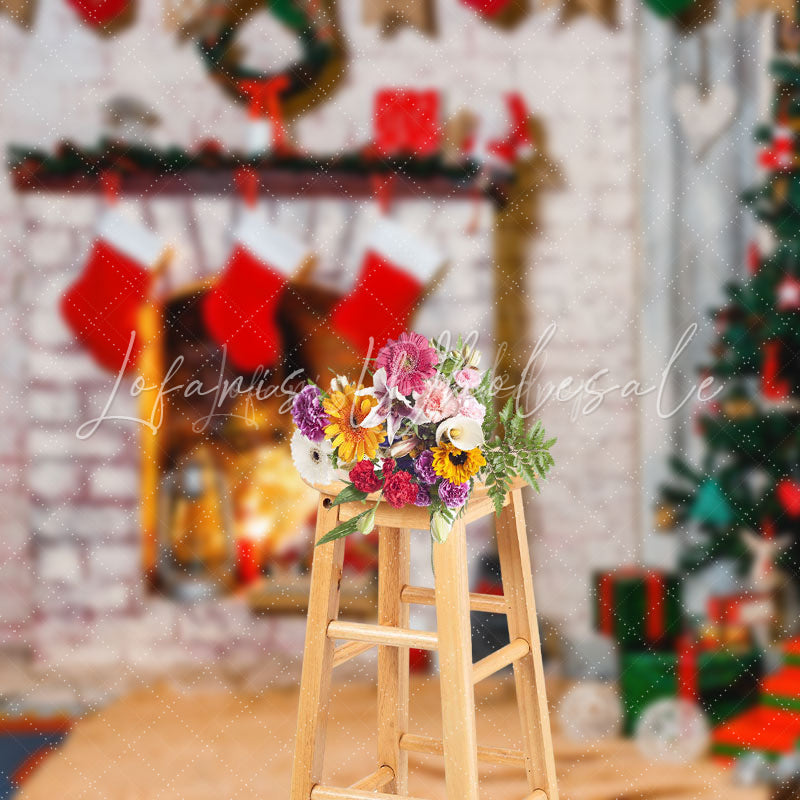 Lofaris Socks Fireplace White Brick Wall Christmas Backdrop