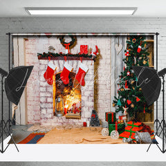Lofaris Socks Fireplace White Brick Wall Christmas Backdrop