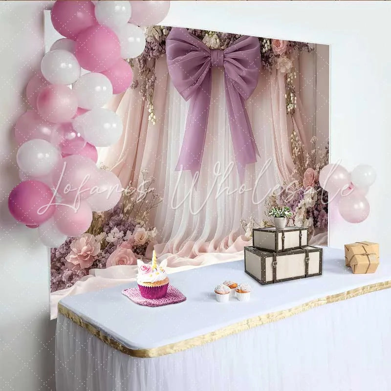 Lofaris Soft Floral Wedding Backdrop Pink and Lavender Draping with Purple Bow and Roses
