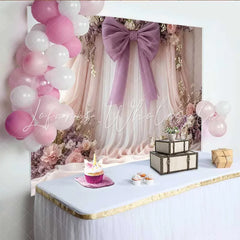 Lofaris Soft Floral Wedding Backdrop Pink and Lavender Draping with Purple Bow and Roses