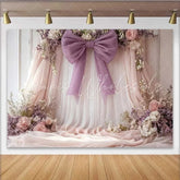Lofaris Soft Floral Wedding Backdrop Pink and Lavender Draping with Purple Bow and Roses