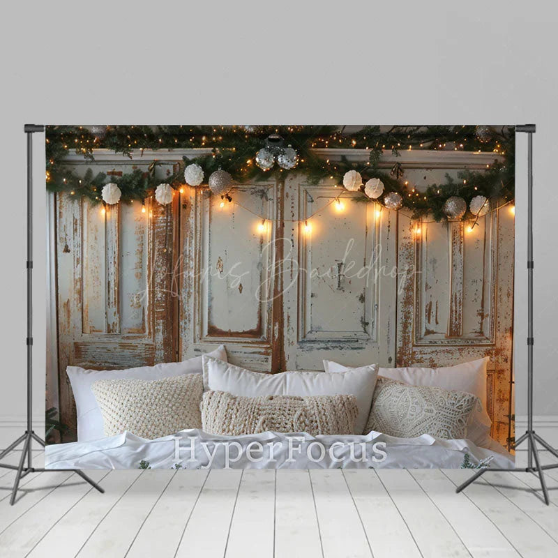 Lofaris Soft White Bed Retro Wooden Wall Christmas Backdrop