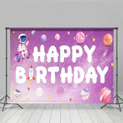 Lofaris Space Astronaut Happy Birthday Backdrop Purple Galaxy Planets and Rocket Ship Party Banner