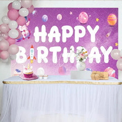 Lofaris Space Astronaut Happy Birthday Backdrop Purple Galaxy Planets and Rocket Ship Party Banner