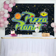 Lofaris Space Pizza Planet Birthday Backdrop Cartoon Alien Galaxy Star Party Decoration Boy Blue Night Sky Photo Background
