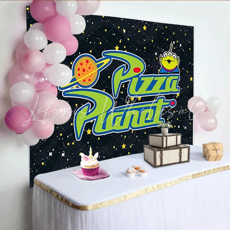 Lofaris Space Pizza Planet Birthday Backdrop Cartoon Alien Galaxy Star Party Decoration Boy Blue Night Sky Photo Background