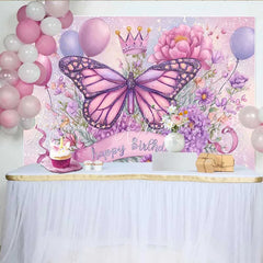 Lofaris Sparkle Butterfly Birthday Backdrop Purple Pink Floral Crown Background Magic Princess Party Photo Prop