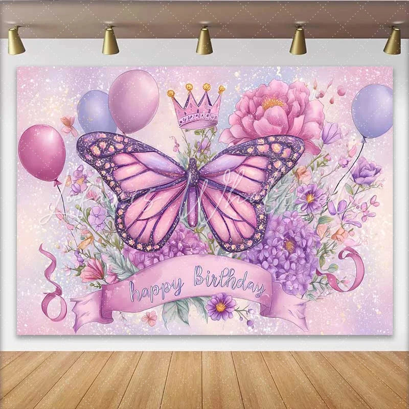Lofaris Sparkle Butterfly Birthday Backdrop Purple Pink Floral Crown Background Magic Princess Party Photo Prop