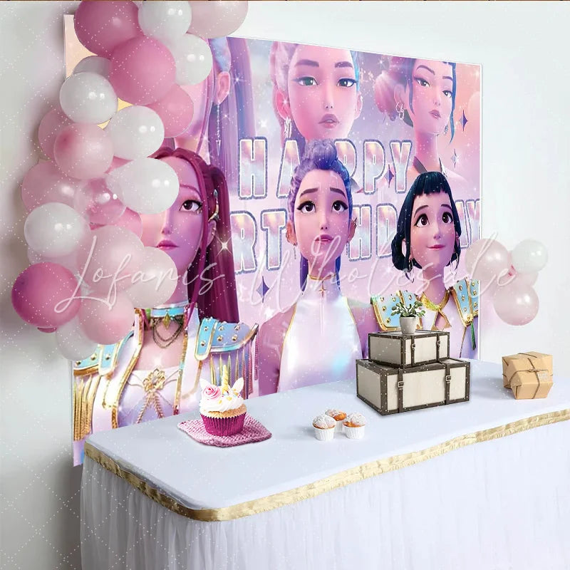 Lofaris Sparkling Animated Pop Idol Girls Cartoon Birthday Backdrop Vibrant Celebration Background for Girls Party Decor and Photoshoots