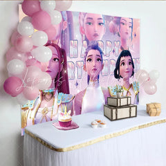 Lofaris Sparkling Animated Pop Idol Girls Cartoon Birthday Backdrop Vibrant Celebration Background for Girls Party Decor and Photoshoots