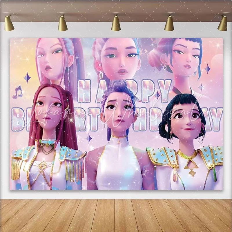 Lofaris Sparkling Animated Pop Idol Girls Cartoon Birthday Backdrop Vibrant Celebration Background for Girls Party Decor and Photoshoots