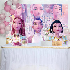 Lofaris Sparkling Animated Pop Idol Girls Cartoon Birthday Backdrop Vibrant Celebration Background for Girls Party Decor and Photoshoots