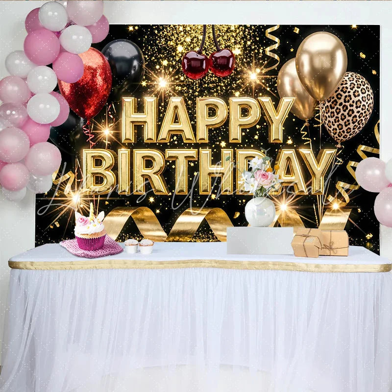 Lofaris Sparkling Black and Gold Glitter Birthday Backdrop with Balloons Leopard Print and Golden Streamers Luxurious Photo Booth Prop