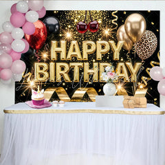 Lofaris Sparkling Black and Gold Glitter Birthday Backdrop with Balloons Leopard Print and Golden Streamers Luxurious Photo Booth Prop
