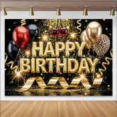 Lofaris Sparkling Black and Gold Glitter Birthday Backdrop with Balloons Leopard Print and Golden Streamers Luxurious Photo Booth Prop