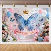 Lofaris Sparkling Blue Butterfly and Gold Crown Happy Birthday Cake Smash Backdrop Princess Fairy Party Decor