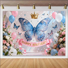 Lofaris Sparkling Blue Butterfly and Gold Crown Happy Birthday Cake Smash Backdrop Princess Fairy Party Decor