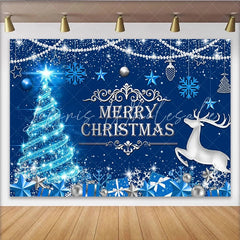 Lofaris Sparkling Blue Christmas Backdrop with Reindeer and Snowflakes Festive Winter Holiday Background for Party Decor