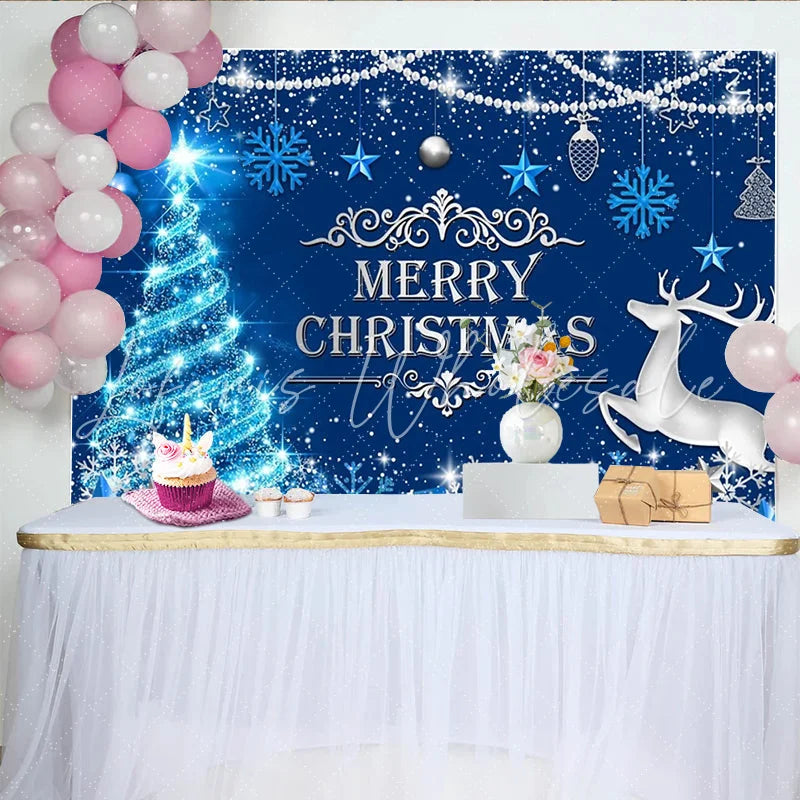 Lofaris Sparkling Blue Christmas Backdrop with Reindeer and Snowflakes Festive Winter Holiday Background for Party Decor
