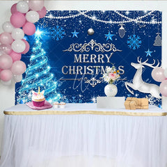 Lofaris Sparkling Blue Christmas Backdrop with Reindeer and Snowflakes Festive Winter Holiday Background for Party Decor