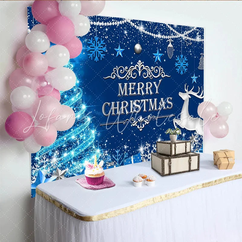 Lofaris Sparkling Blue Christmas Backdrop with Reindeer and Snowflakes Festive Winter Holiday Background for Party Decor