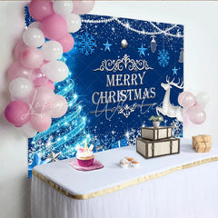 Lofaris Sparkling Blue Christmas Backdrop with Reindeer and Snowflakes Festive Winter Holiday Background for Party Decor