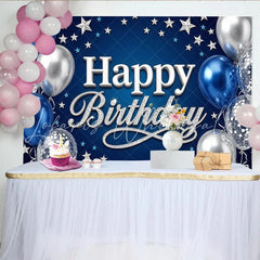Lofaris Sparkling Blue Silver Glitter Happy Birthday Backdrop with Balloons and Stars Elegant Party Decoration for Celebration Photoshoot