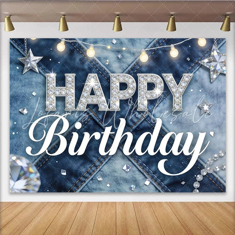 Lofaris Sparkling Glitter Denim Birthday Backdrop with Happy Birthday Text Elegant Photo Background for Party Decoration