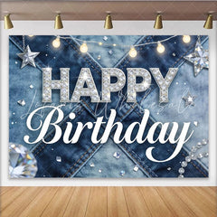 Lofaris Sparkling Glitter Denim Birthday Backdrop with Happy Birthday Text Elegant Photo Background for Party Decoration