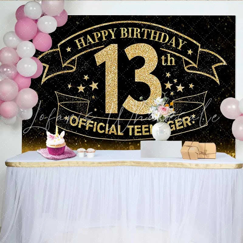 Lofaris Sparkling Gold Glitter 13th Birthday Backdrop Official Teenager 13 Milestone Party Decoration