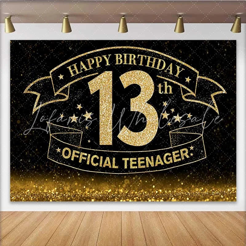 Lofaris Sparkling Gold Glitter 13th Birthday Backdrop Official Teenager 13 Milestone Party Decoration