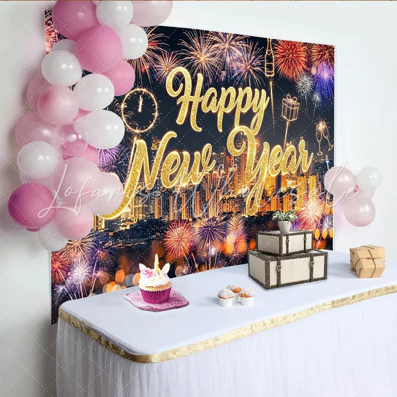 Lofaris Sparkling Gold Happy New Year Backdrop with Cityscape and Vibrant Light Bursts Festive Party Background for Event Photography