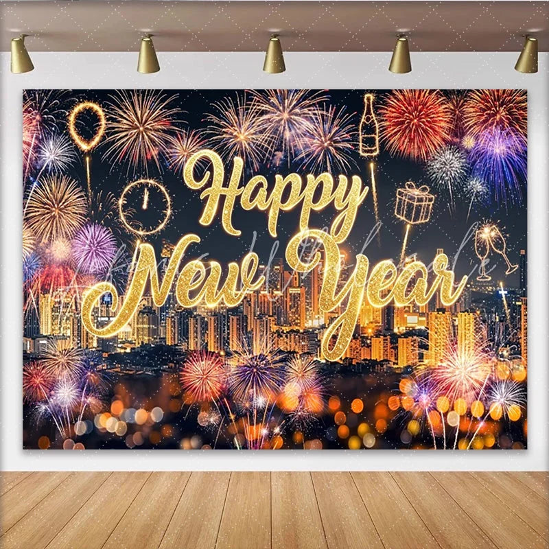 Lofaris Sparkling Gold Happy New Year Backdrop with Cityscape and Vibrant Light Bursts Festive Party Background for Event Photography