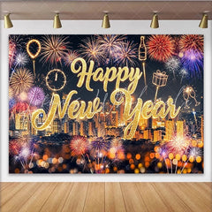 Lofaris Sparkling Gold Happy New Year Backdrop with Cityscape and Vibrant Light Bursts Festive Party Background for Event Photography