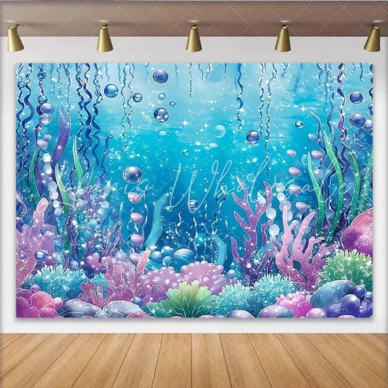 Lofaris Sparkling Mermaid Underwater Photography Backdrop with Colorful Coral and Bubbles Fantasy Ocean Background for Studio Photoshoot