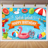 Lofaris Splish Splash Summer Pool Party Birthday Backdrop with Water Guns and Floats Vibrant Photography Background for Kids Celebration