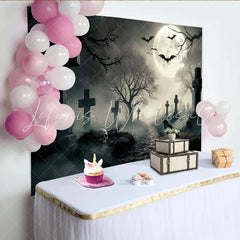Lofaris Spooky Graveyard Halloween Backdrop with Full Moon and Flying Bats Eerie Cemetery Scene for Party Decor and Photoshoot Props