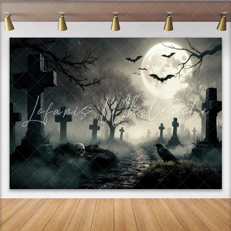 Lofaris Spooky Graveyard Halloween Backdrop with Full Moon and Flying Bats Eerie Cemetery Scene for Party Decor and Photoshoot Props