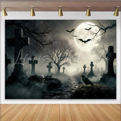 Lofaris Spooky Graveyard Halloween Backdrop with Full Moon and Flying Bats Eerie Cemetery Scene for Party Decor and Photoshoot Props