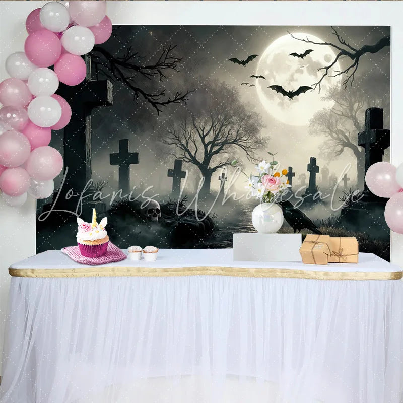 Lofaris Spooky Graveyard Halloween Backdrop with Full Moon and Flying Bats Eerie Cemetery Scene for Party Decor and Photoshoot Props
