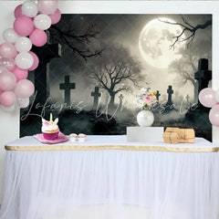Lofaris Spooky Graveyard Halloween Backdrop with Full Moon and Misty Path Eerie Cemetery Photography Background for Spooky Party Decor