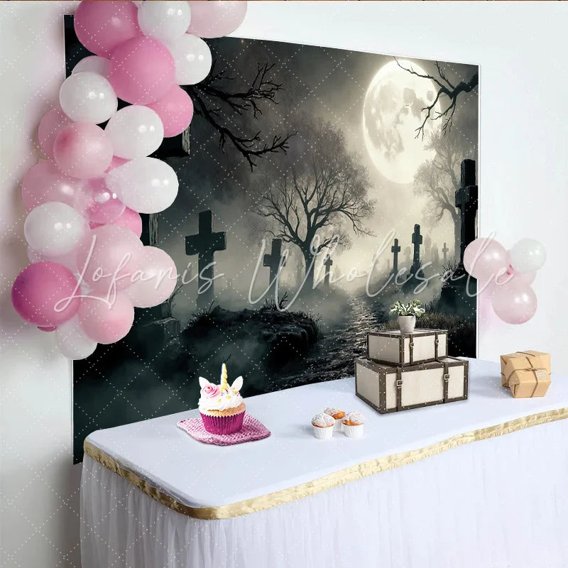 Lofaris Spooky Graveyard Halloween Backdrop with Full Moon and Misty Path Eerie Cemetery Photography Background for Spooky Party Decor