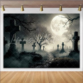 Lofaris Spooky Graveyard Halloween Backdrop with Full Moon and Misty Path Eerie Cemetery Photography Background for Spooky Party Decor