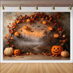 Lofaris Spooky Halloween Backdrop with Carved Pumpkins and Autumn Leaves Misty Forest Path Background for Fall Party Decoration