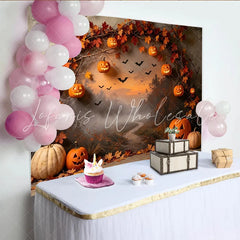 Lofaris Spooky Halloween Backdrop with Carved Pumpkins and Autumn Leaves Misty Forest Path Background for Fall Party Decoration